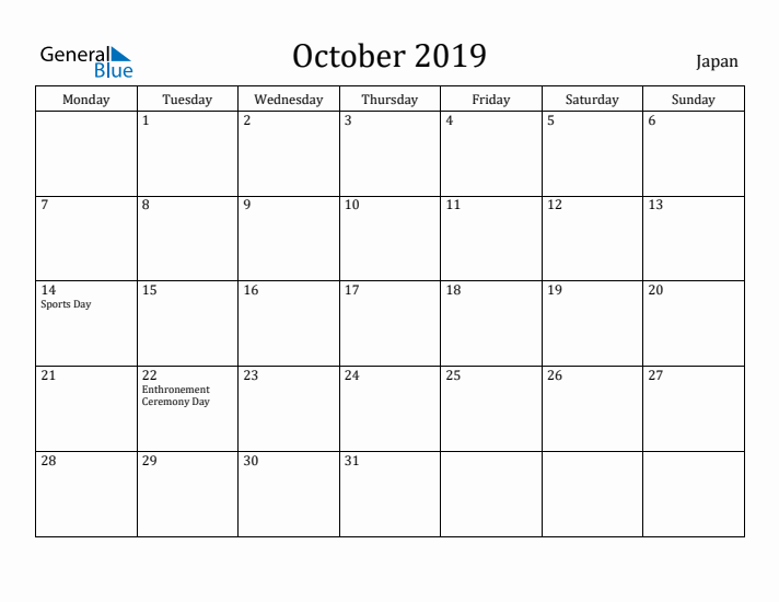 October 2019 Calendar Japan