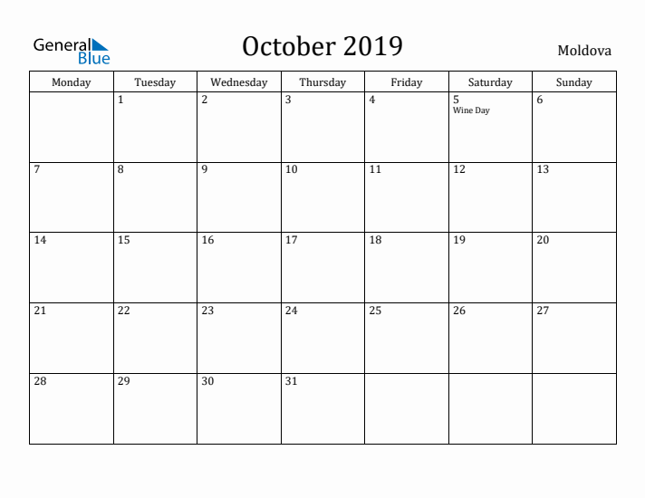 October 2019 Calendar Moldova