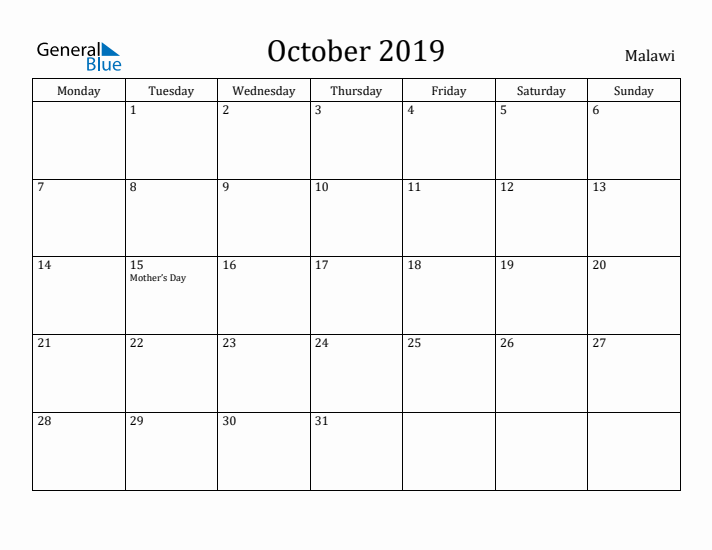 October 2019 Calendar Malawi