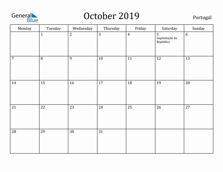 October 2019 Calendar Portugal