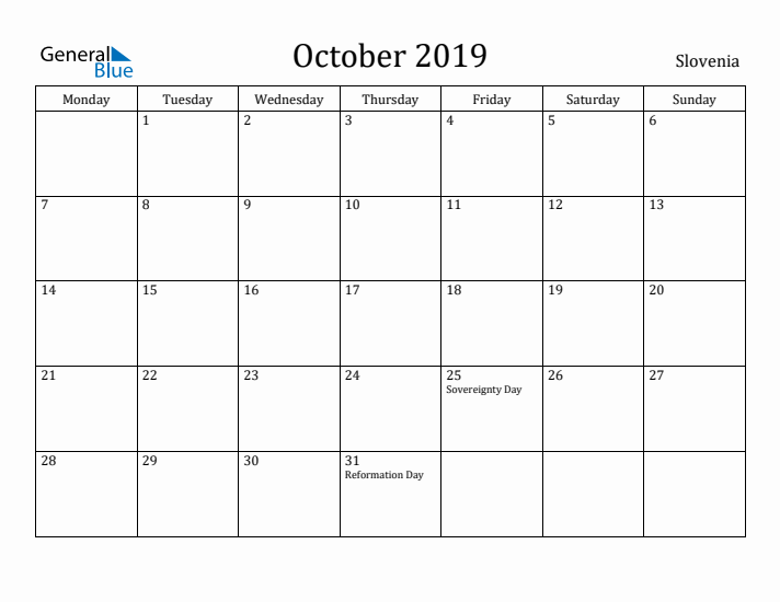 October 2019 Calendar Slovenia