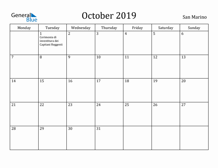 October 2019 Calendar San Marino