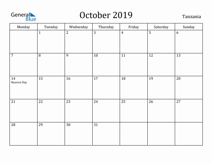 October 2019 Calendar Tanzania