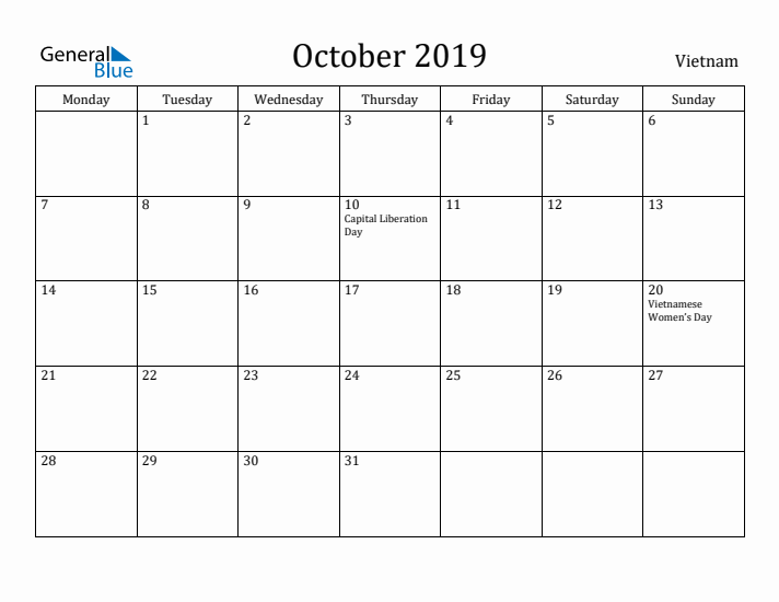 October 2019 Calendar Vietnam