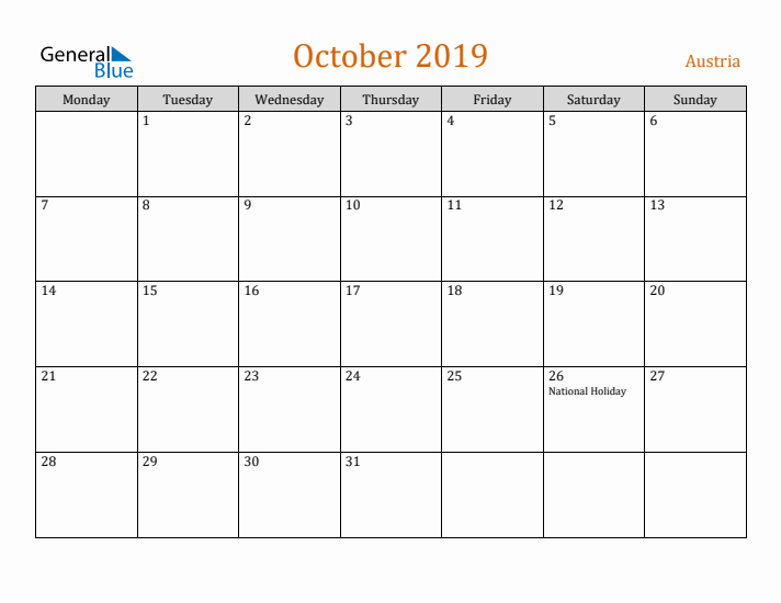 October 2019 Holiday Calendar with Monday Start