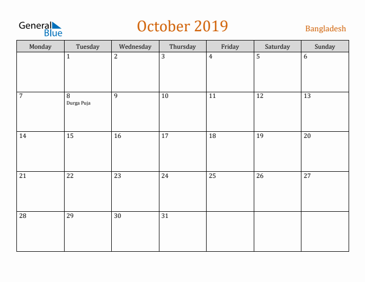 October 2019 Holiday Calendar with Monday Start