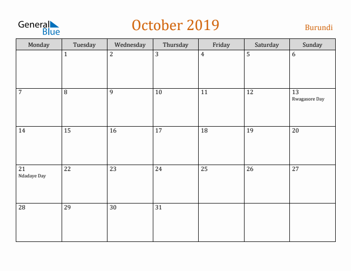 October 2019 Holiday Calendar with Monday Start