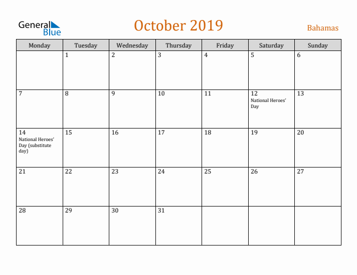 October 2019 Holiday Calendar with Monday Start