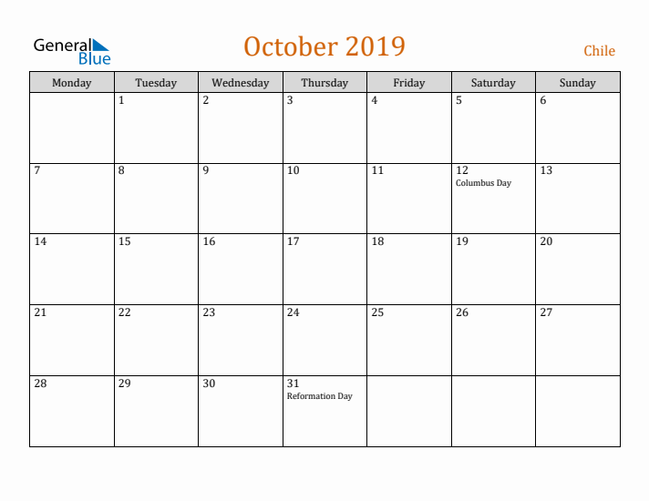 October 2019 Holiday Calendar with Monday Start