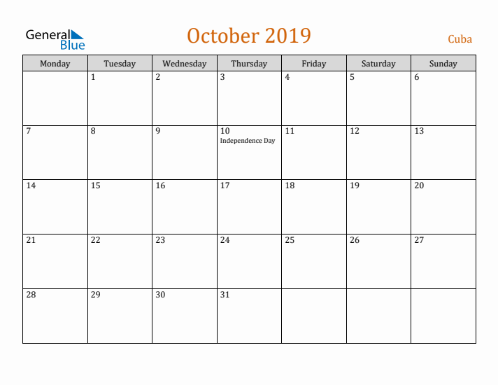 October 2019 Holiday Calendar with Monday Start