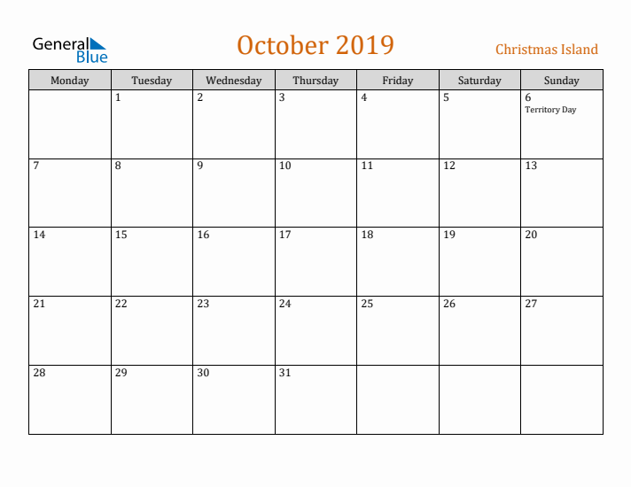 October 2019 Holiday Calendar with Monday Start