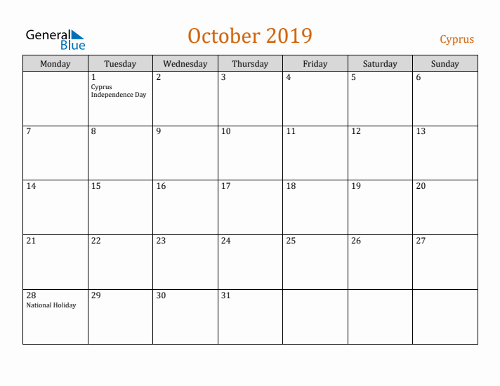 October 2019 Holiday Calendar with Monday Start