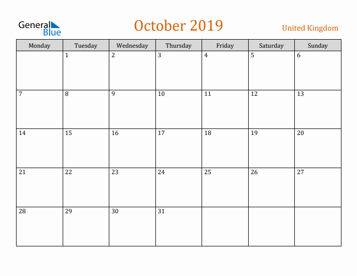 October 2019 Holiday Calendar with Monday Start