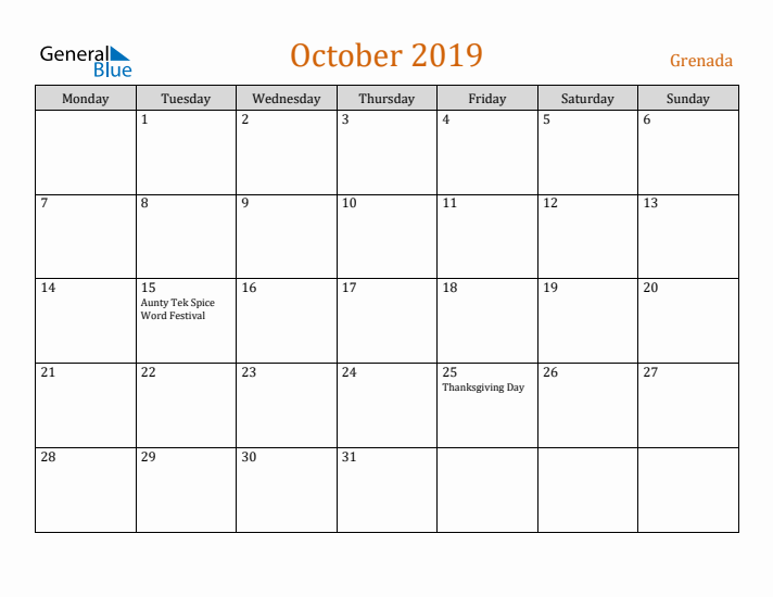 October 2019 Holiday Calendar with Monday Start