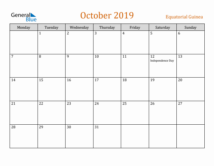 October 2019 Holiday Calendar with Monday Start