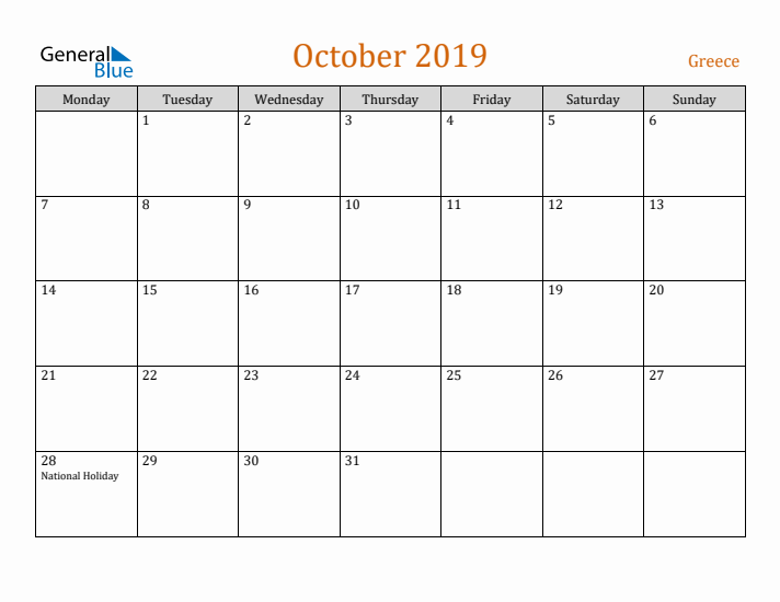 October 2019 Holiday Calendar with Monday Start