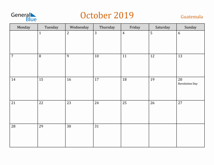 October 2019 Holiday Calendar with Monday Start