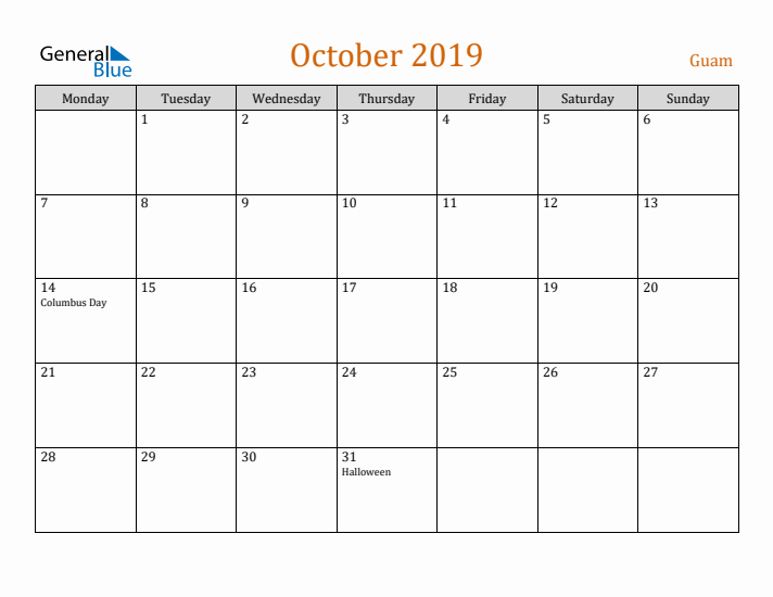 October 2019 Holiday Calendar with Monday Start