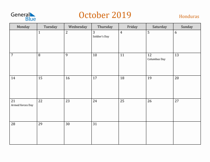 October 2019 Holiday Calendar with Monday Start