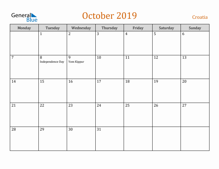 October 2019 Holiday Calendar with Monday Start