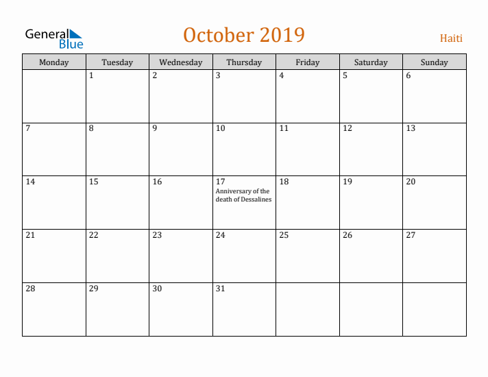 October 2019 Holiday Calendar with Monday Start