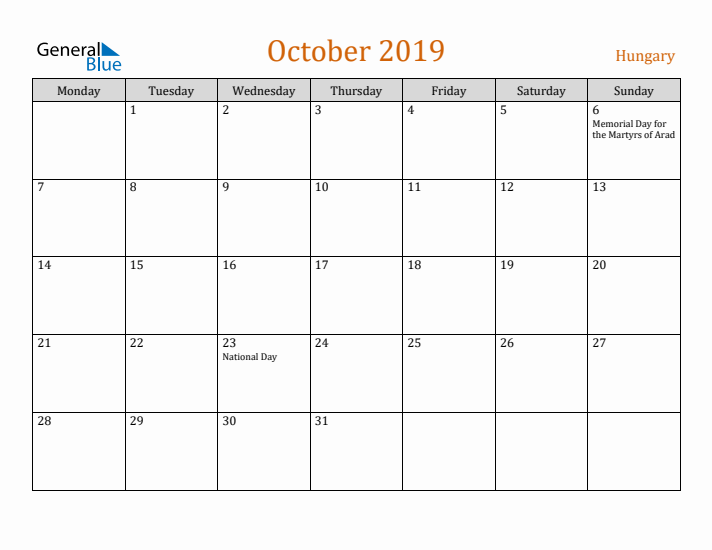 October 2019 Holiday Calendar with Monday Start