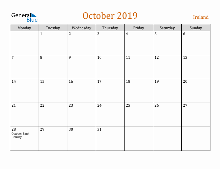 October 2019 Holiday Calendar with Monday Start