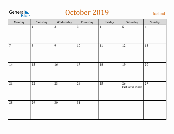 October 2019 Holiday Calendar with Monday Start