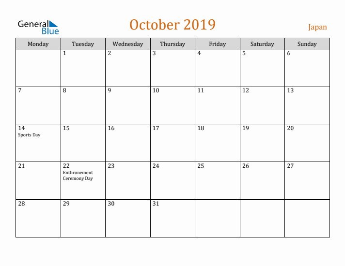 October 2019 Holiday Calendar with Monday Start