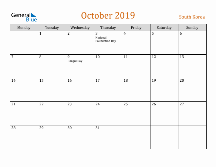 October 2019 Holiday Calendar with Monday Start