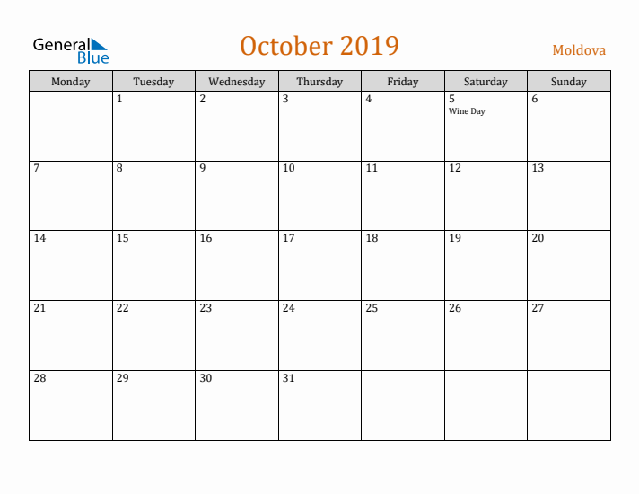 October 2019 Holiday Calendar with Monday Start