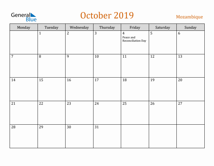 October 2019 Holiday Calendar with Monday Start