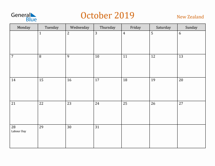 October 2019 Holiday Calendar with Monday Start