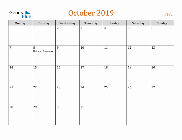 October 2019 Holiday Calendar with Monday Start