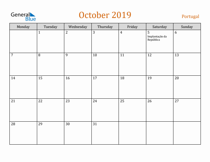 October 2019 Holiday Calendar with Monday Start