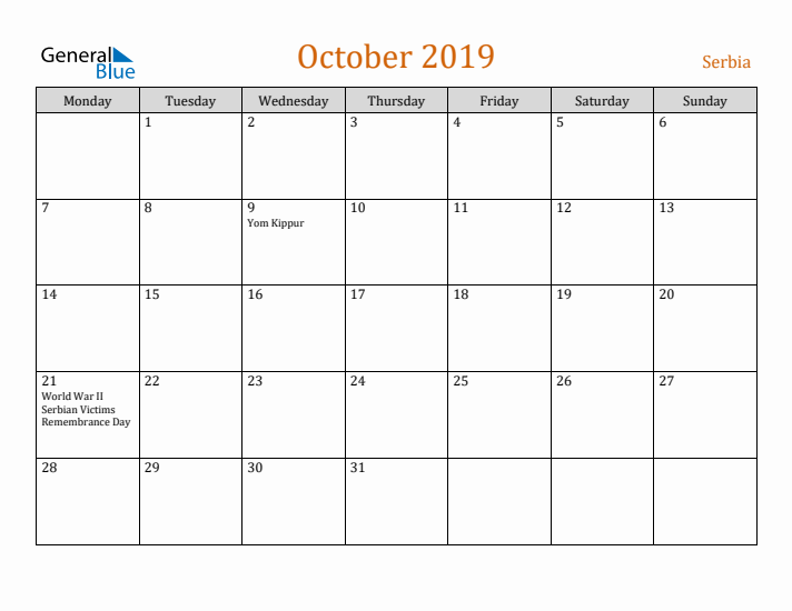 October 2019 Holiday Calendar with Monday Start