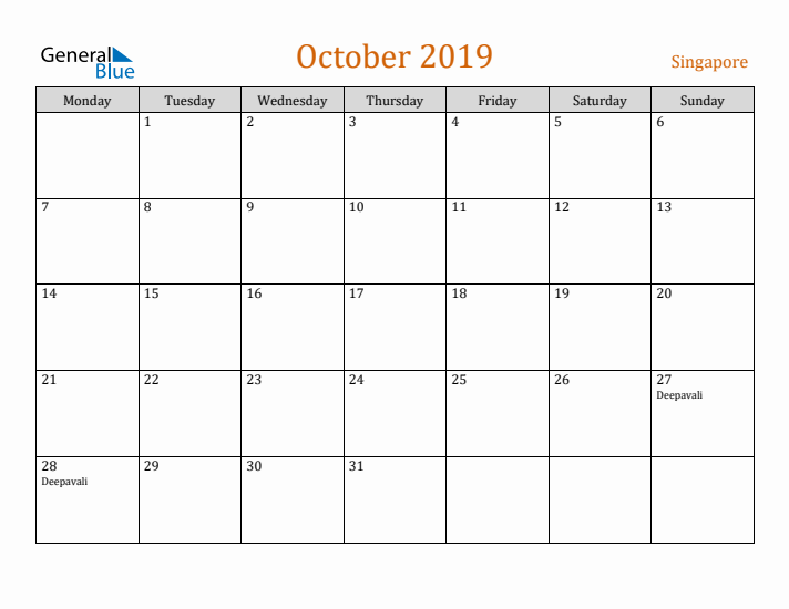 October 2019 Holiday Calendar with Monday Start