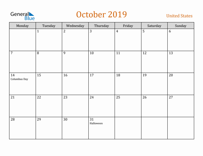 October 2019 Holiday Calendar with Monday Start