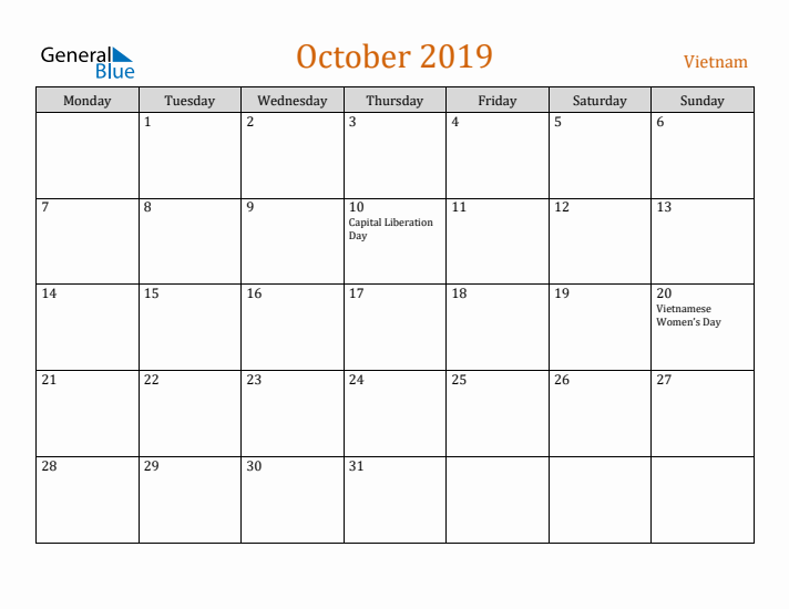 October 2019 Holiday Calendar with Monday Start