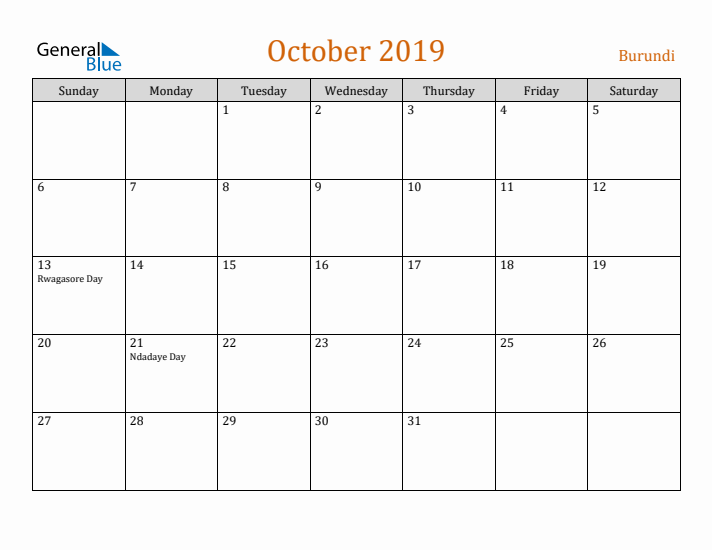 October 2019 Holiday Calendar with Sunday Start