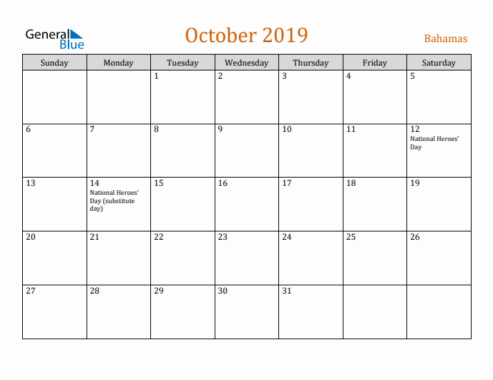 October 2019 Holiday Calendar with Sunday Start