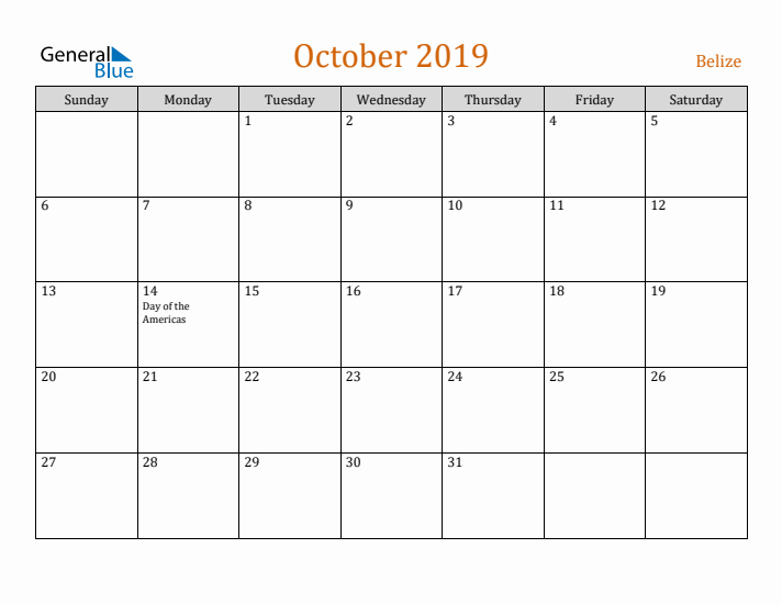 October 2019 Holiday Calendar with Sunday Start