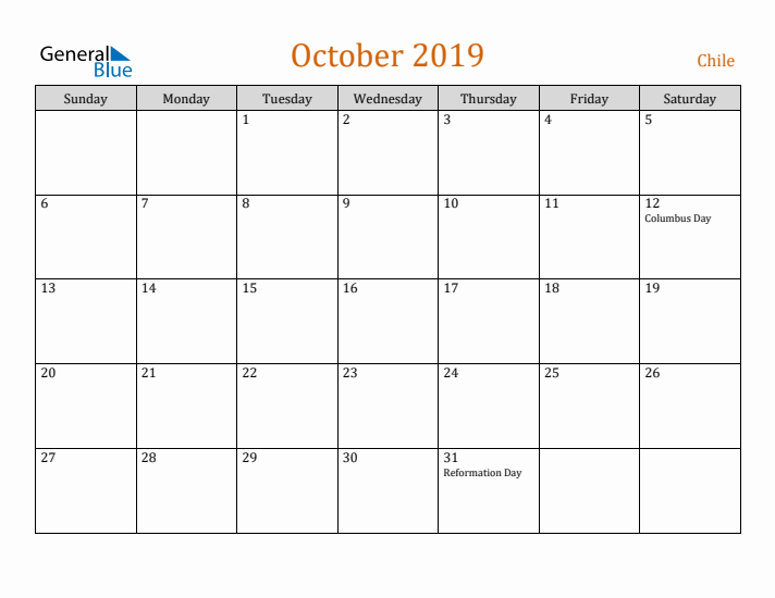 October 2019 Holiday Calendar with Sunday Start