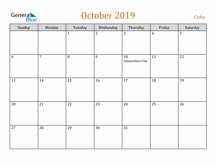 October 2019 Holiday Calendar with Sunday Start