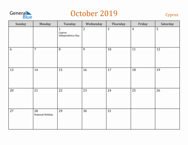 October 2019 Holiday Calendar with Sunday Start