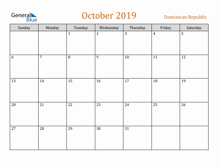 October 2019 Holiday Calendar with Sunday Start