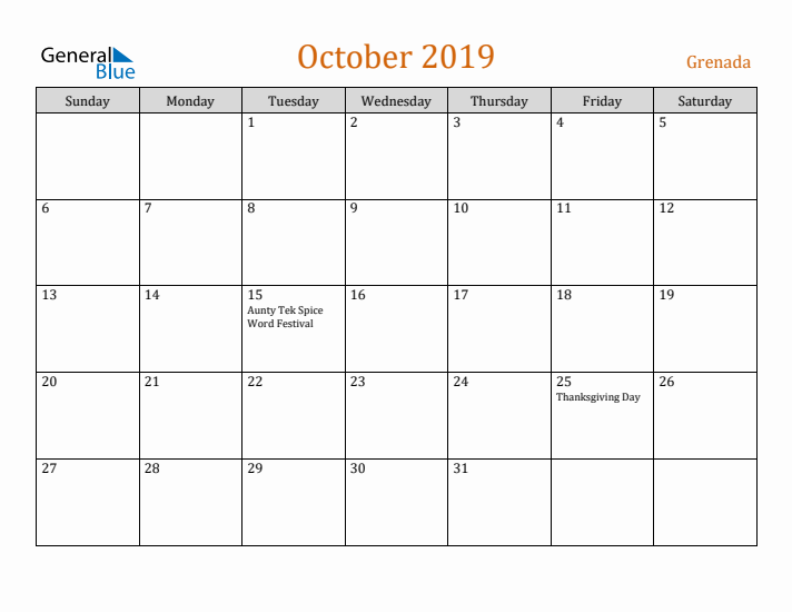 October 2019 Holiday Calendar with Sunday Start