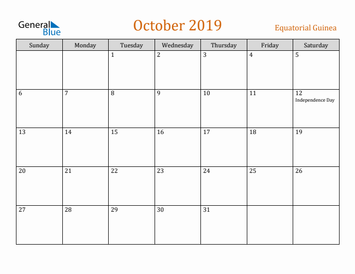 October 2019 Holiday Calendar with Sunday Start