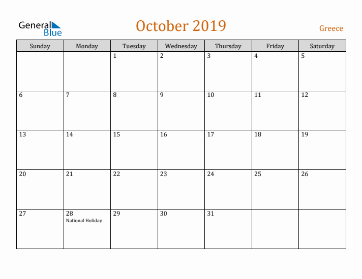 October 2019 Holiday Calendar with Sunday Start