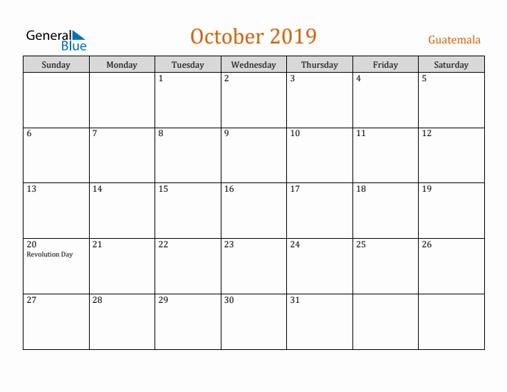 October 2019 Holiday Calendar with Sunday Start